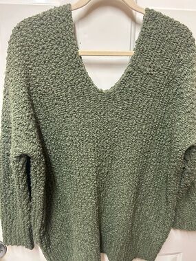 Cozy Olive Green Bouclé V-Neck Sweater